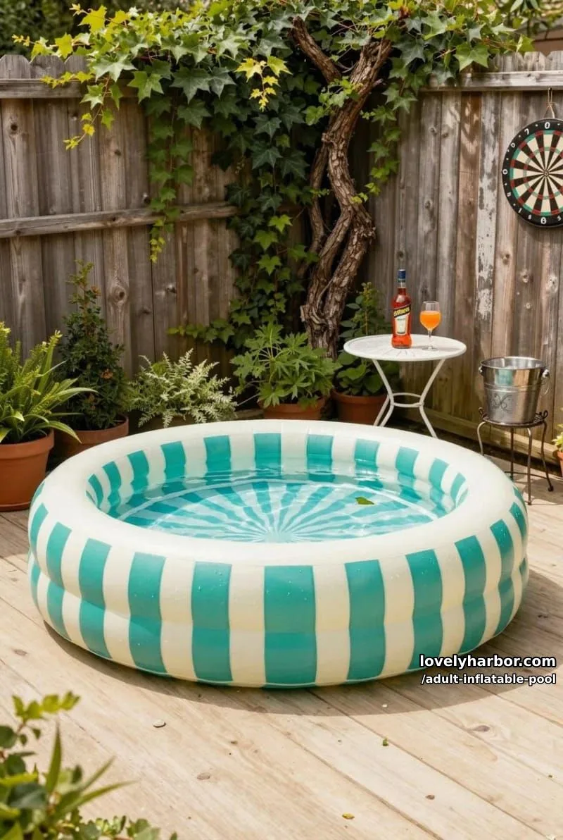 19 Fun Adult Inflatable Pools For Your Backyard 6 small round striped inflatable pool on deck near rustic fence and table. 1