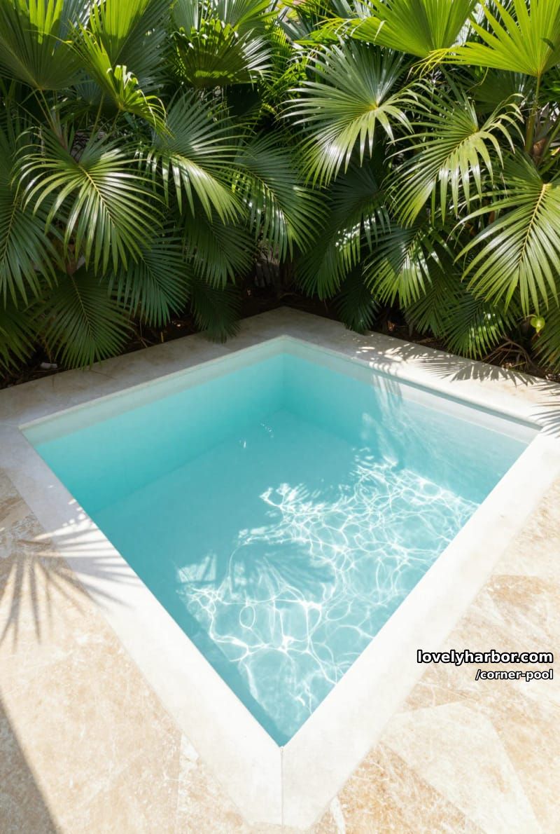 small triangular pool with white tiles and lush palm plant border 1