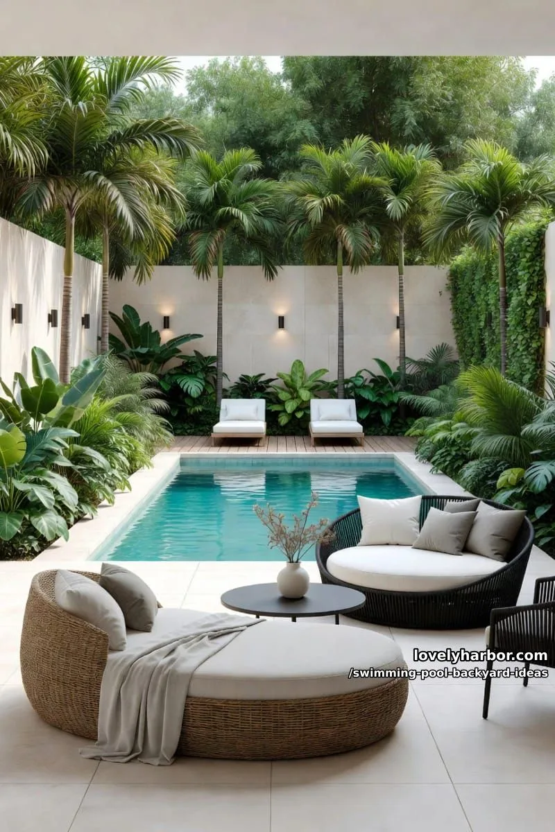 small turquoise pool, tropical plants, beige wall, and woven outdoor daybed 1