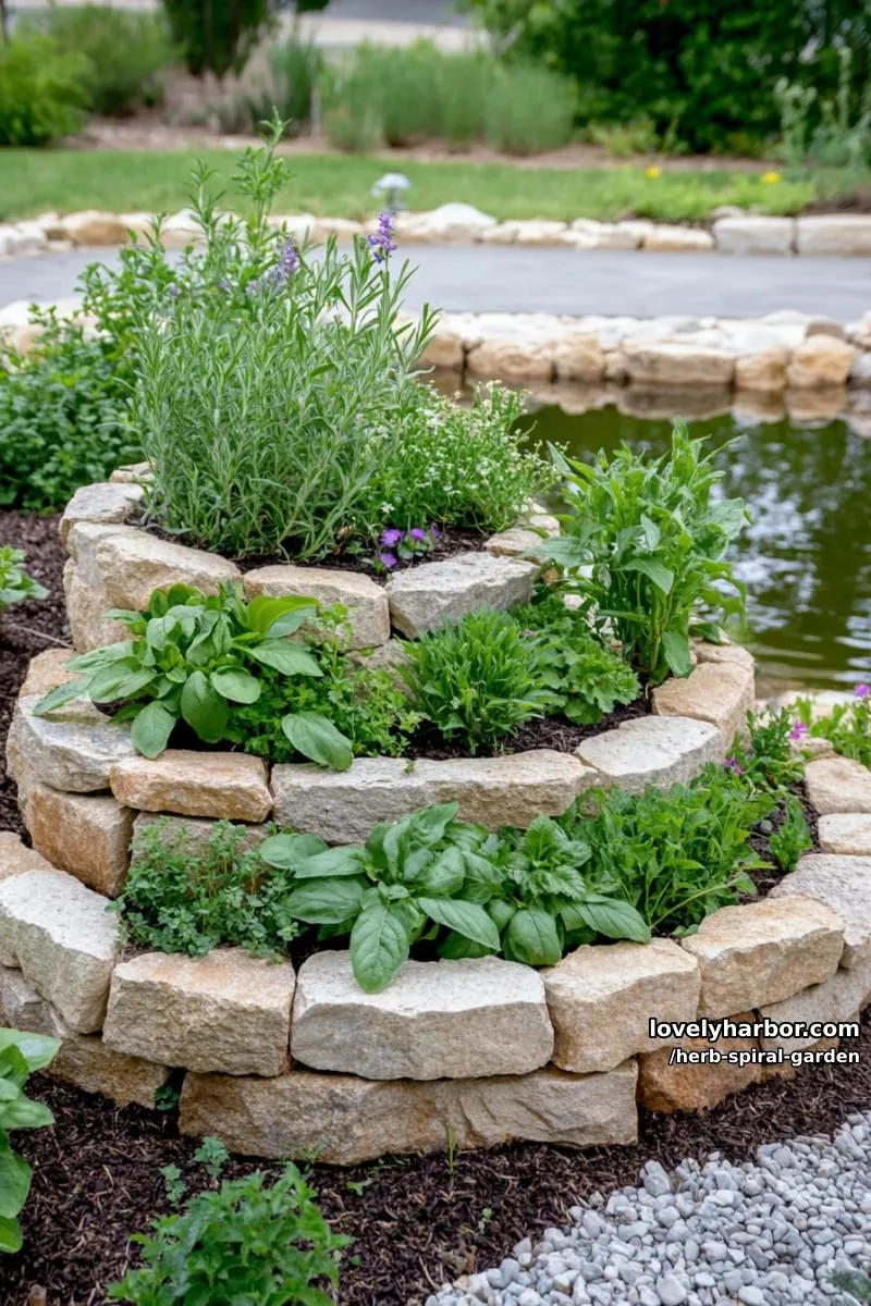 20 Unique Herb Spiral Garden Designs for Modern Yards 31 small two-tier stone garden bed beside a shallow pond. 1