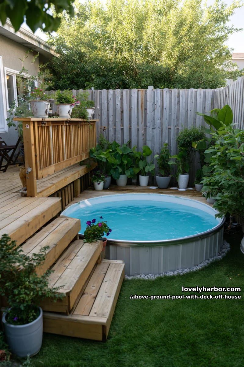 small yard above-ground pool with partial deck, privacy fence, and potted plants 1