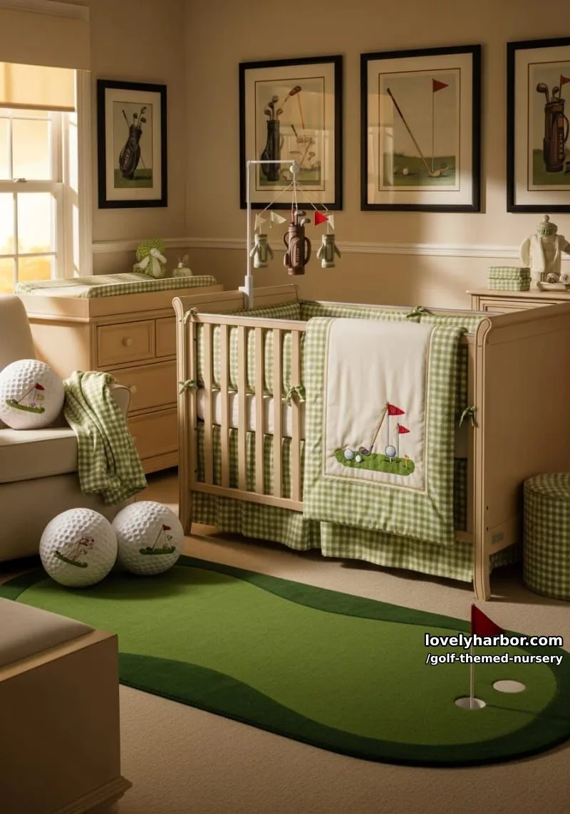 soft green and cream gingham crib bedding featuring tiny golf icons 1