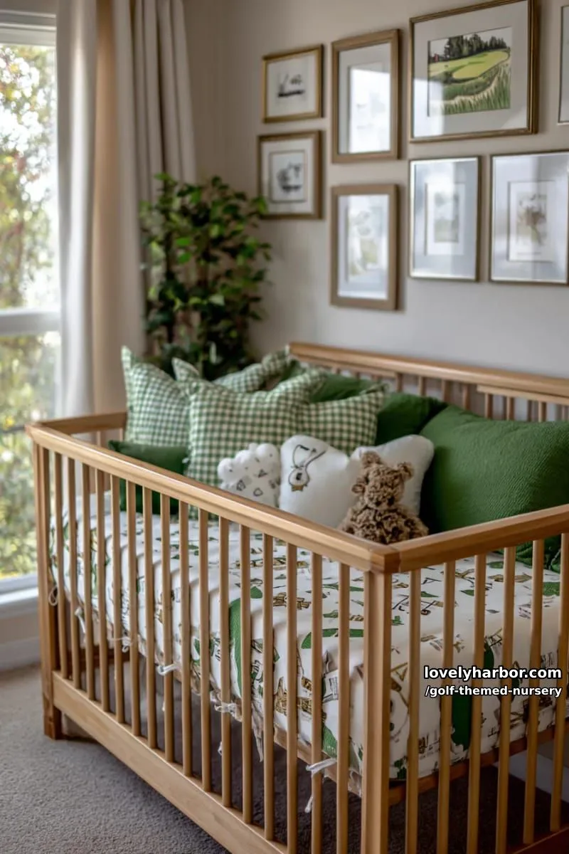 soft green and cream gingham crib bedding featuring tiny golf icons 1