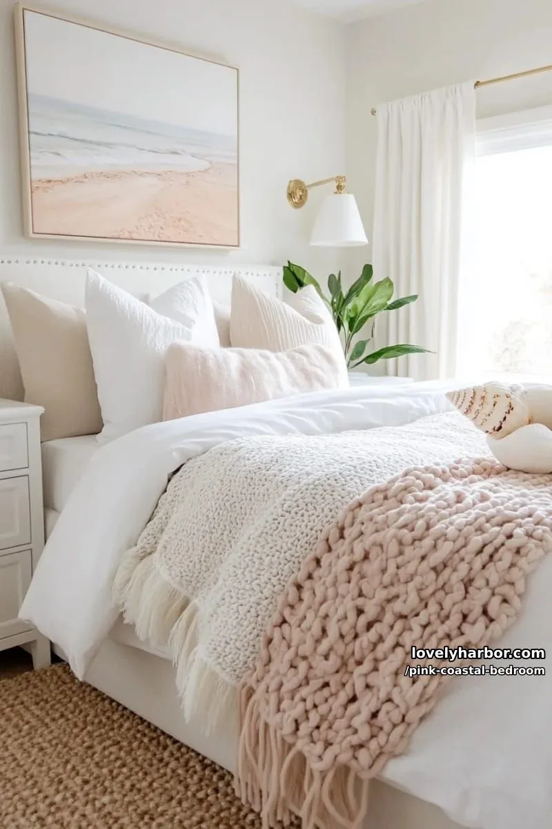 20 Dreamy Pink Coastal Bedroom Ideas to Try This Season 6 soft, serene bedroom with ruffled bedding and pastel beach artwork. 1