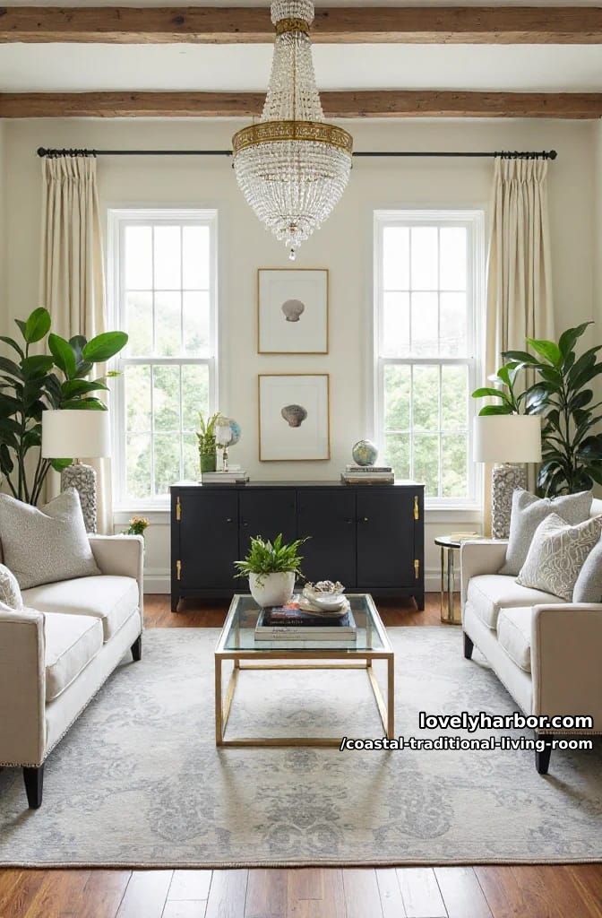 20 Dreamy Coastal Traditional Living Room Designs to Inspire 12 sophisticated living room with tufted sofa, gold accents, and crystal chandelier. 1