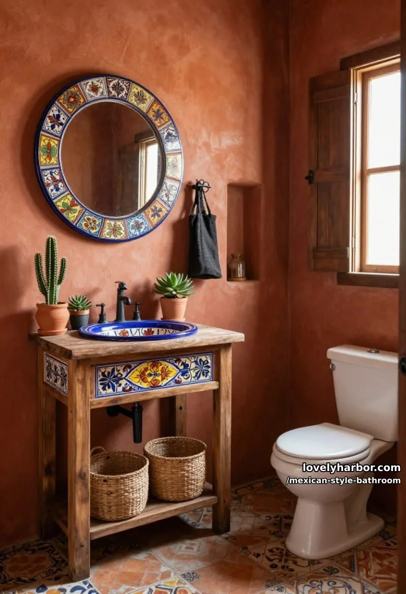 southwestern bathroom with terracotta walls, decorative ceramic sink, and potted cacti. 1