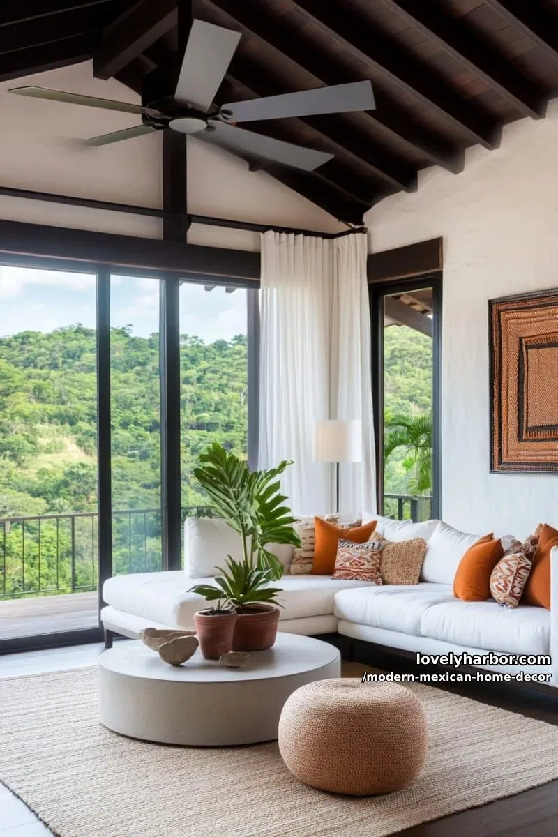 18 Modern Mexican Decor for a Stylish Home 3 southwestern living room with dark beams, large windows, and earth-toned accents. 1