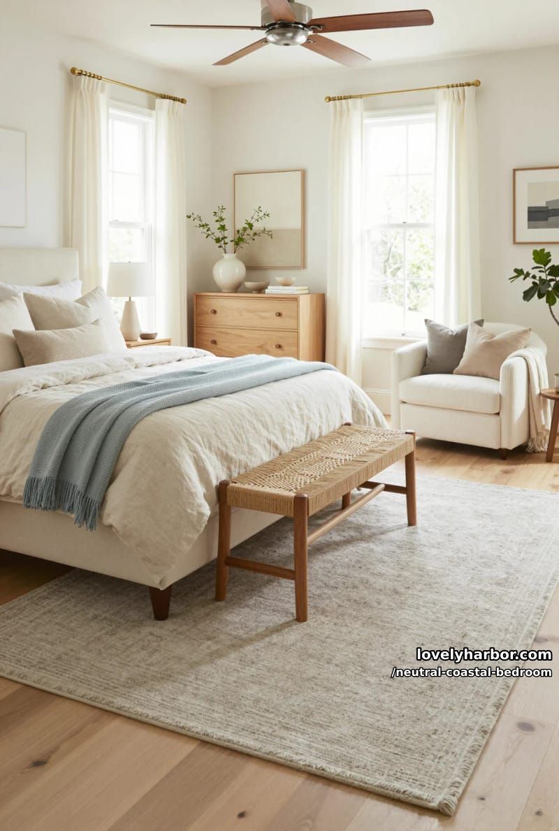 spacious bedroom with cream upholstered bed, patterned quilts, wood dresser, and plants. 1