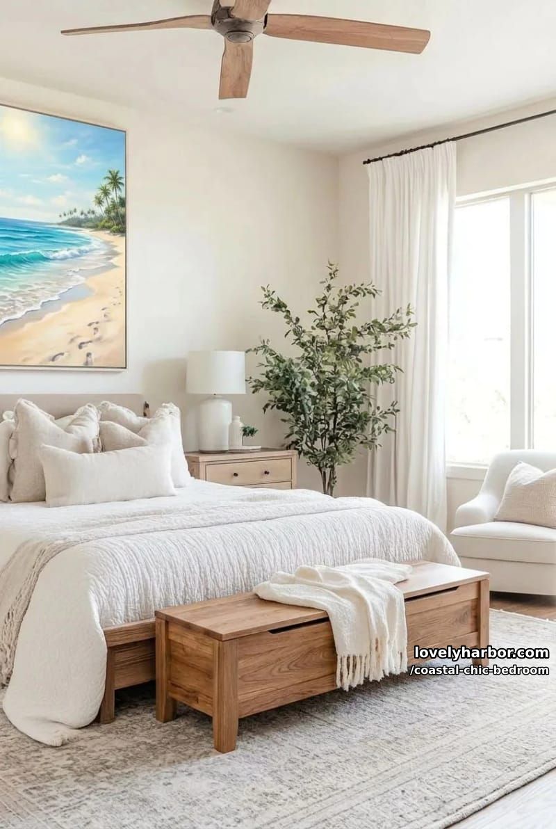 spacious bedroom with upholstered bed, textured pillows, wood bench, and greenery. 1