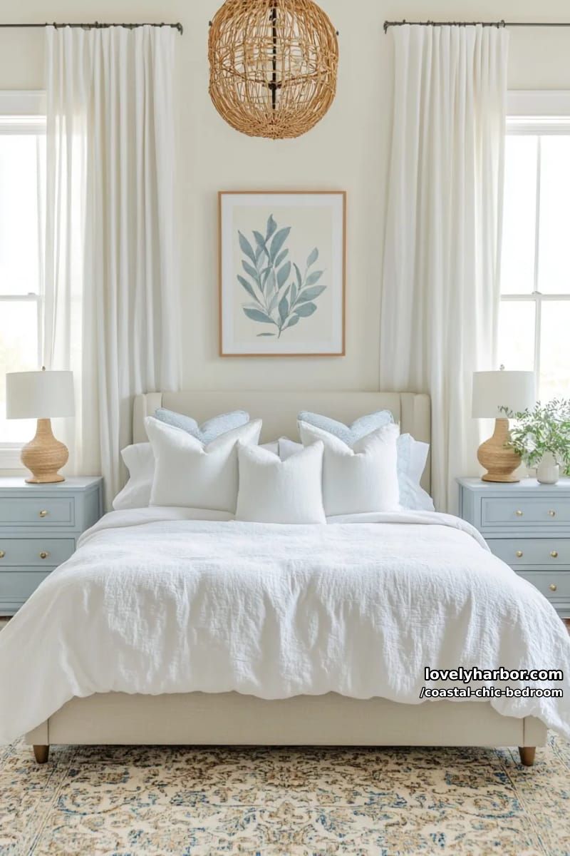 spacious bedroom with white bed, blue nightstands, rattan chandelier, and greenery. 1