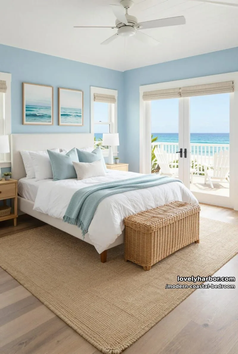 spacious coastal bedroom with vaulted ceiling, ocean views, and serene decor. 1
