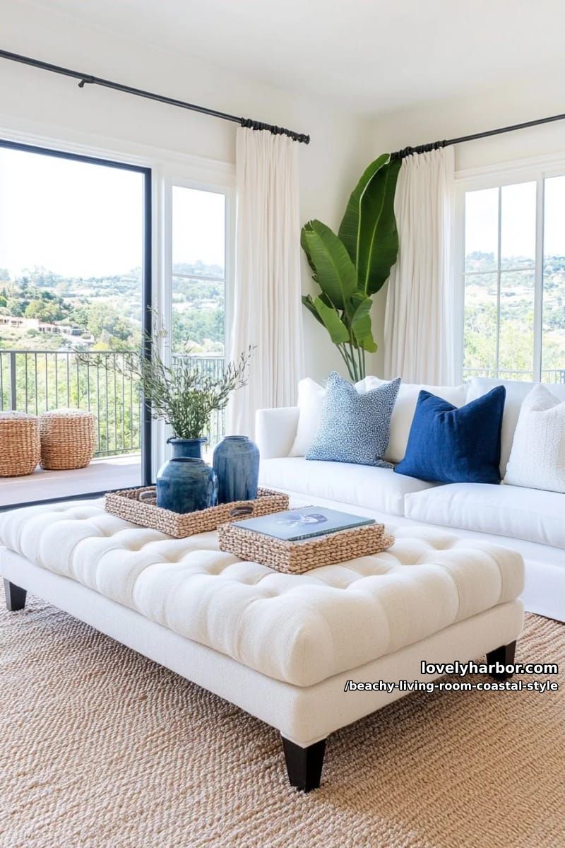 spacious coastal living room with cream ottoman, blue accents, and balcony 1