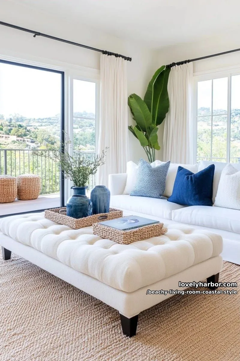 spacious coastal living room with cream ottoman, blue accents, and balcony 1