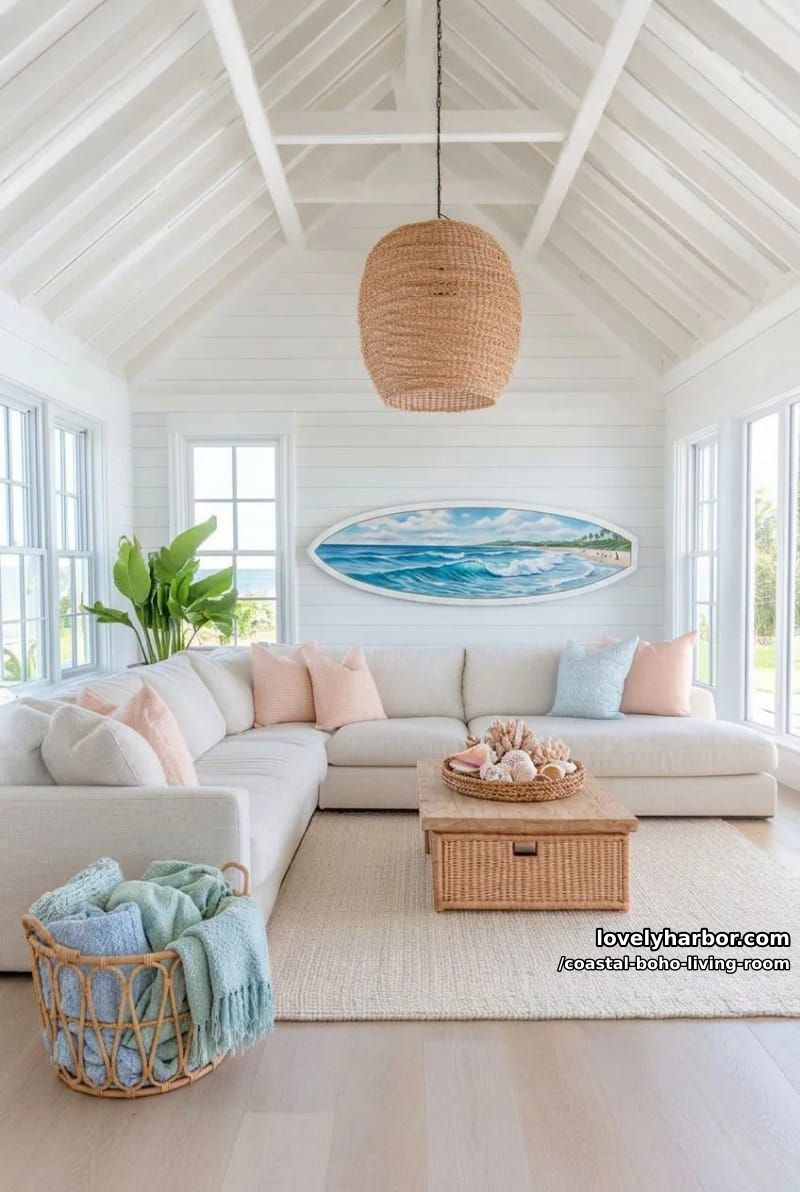 spacious coastal living room with sectional, vaulted ceilings, and surfboard decor. 1