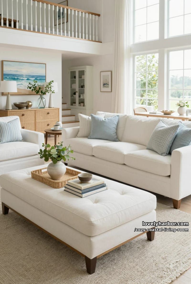 spacious coastal living room with tufted ottoman and serene blue accents 1