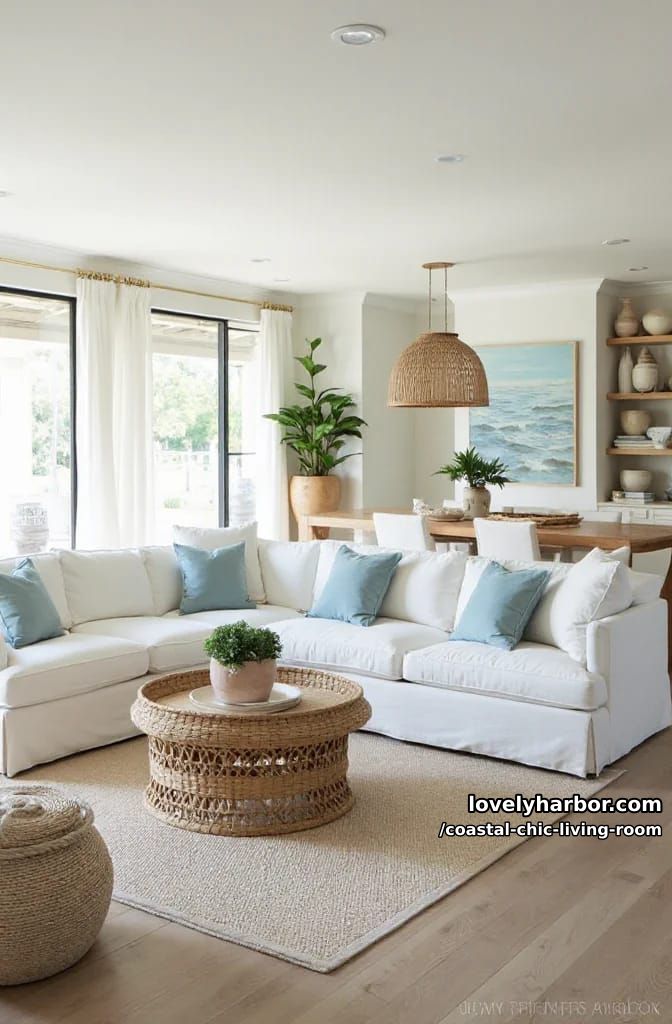 spacious coastal living room with white sectional, woven coffee table, and dining area. 1
