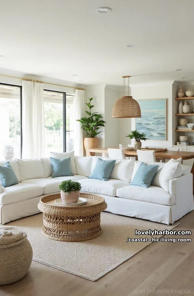 20 Chic Coastal Living Rooms You'll Love 5 spacious coastal living room with white sectional, woven coffee table, and dining area. 1