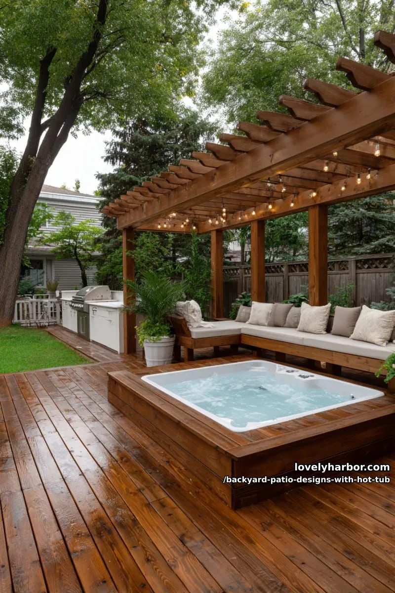 20 Dreamy Backyard Patios with Hot Tubs to Inspire 13 spacious deck with pergola, hot tub, bench seating, and outdoor kitchen. 1