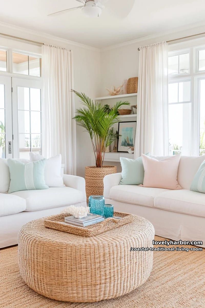 20 Dreamy Coastal Traditional Living Room Designs to Inspire 17 spacious living room with pastel decor, rattan ottoman, and woven accents. 1