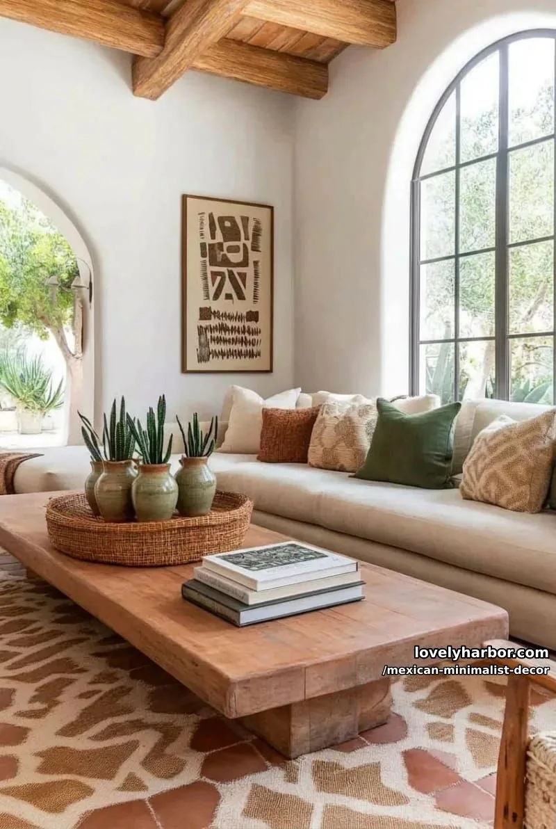 spacious living room with terracotta tiles, beige sectional, and arched windows. 1