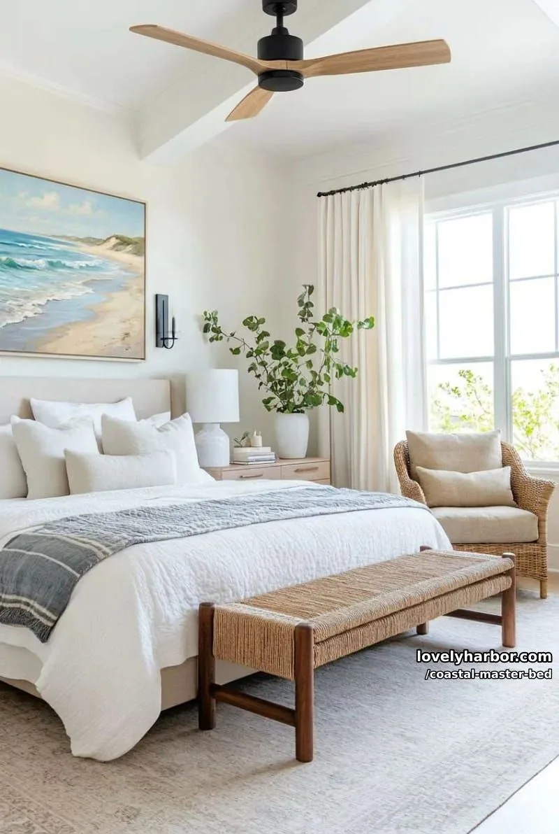 20 Coastal Master Bedrooms with Serene Vibes 3 spacious neutral bedroom with upholstered bed, wooden dresser, and open layout. 1
