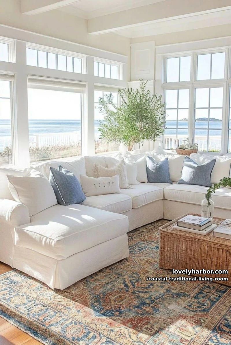 20 Dreamy Coastal Traditional Living Room Designs to Inspire 7 spacious sectional living room with vintage rug and olive tree decor. 1
