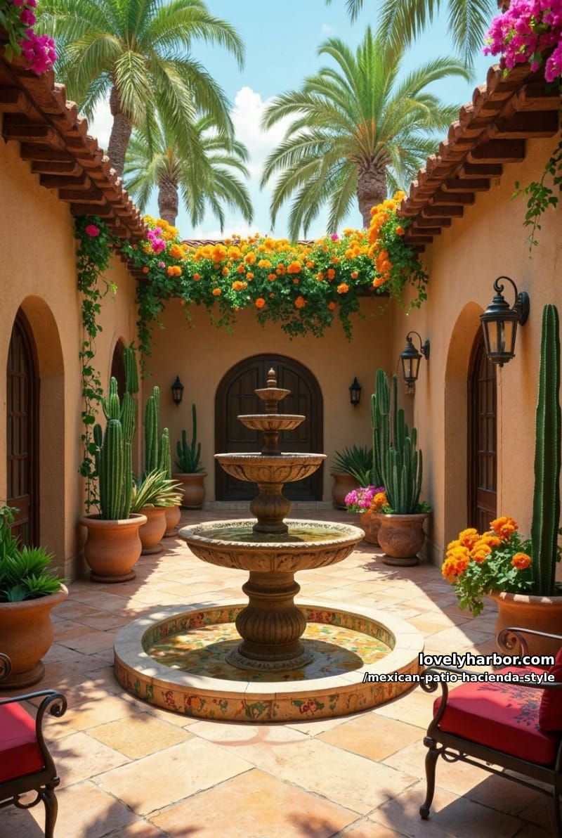 spanish courtyard with tiered stone fountain, marigolds, bougainvillea, cacti, and hanging lanterns. 1