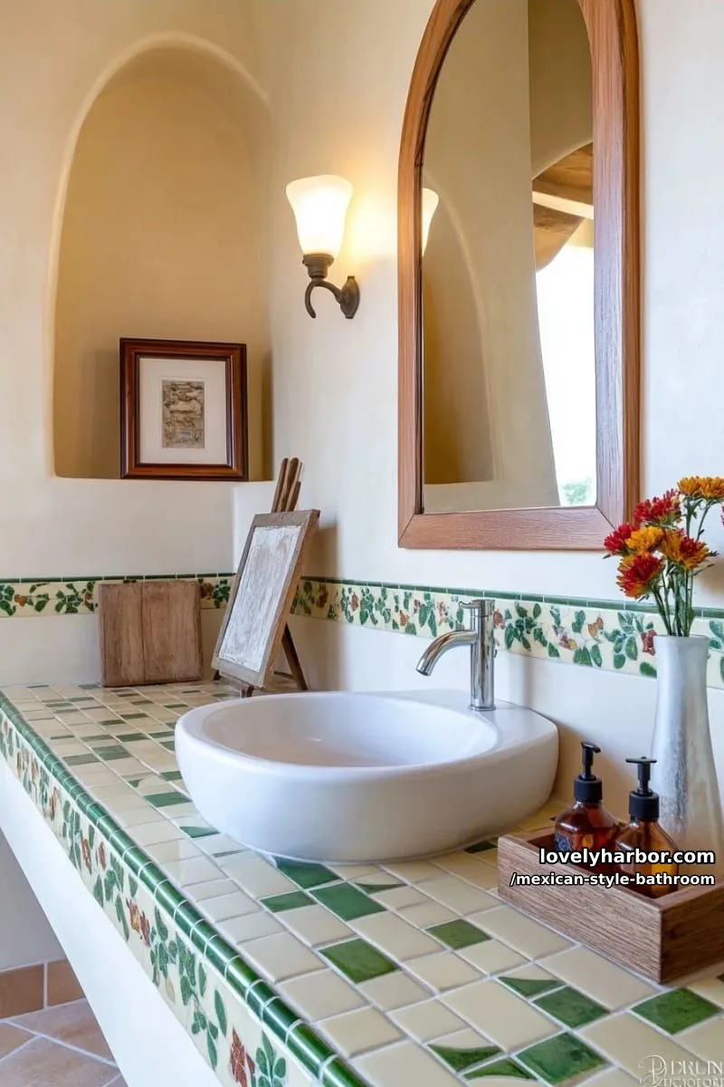 spanish-style bathroom with cream tiles, green floral patterns, and double sinks. 1