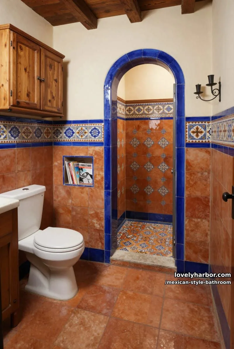 spanish-style bathroom with multicolored tiles, terracotta floor, and arched shower entrance. 1