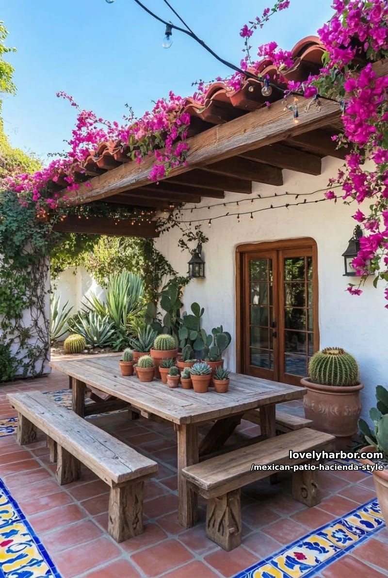 spanish-style courtyard with patterned tiles, rustic beams, string lights, and cacti. 1