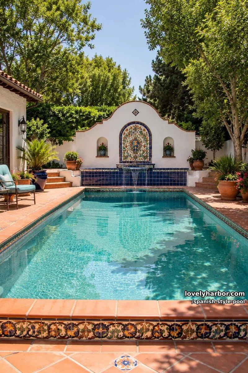 spanish-style pool with colorful tile fountain and terracotta accents. 1