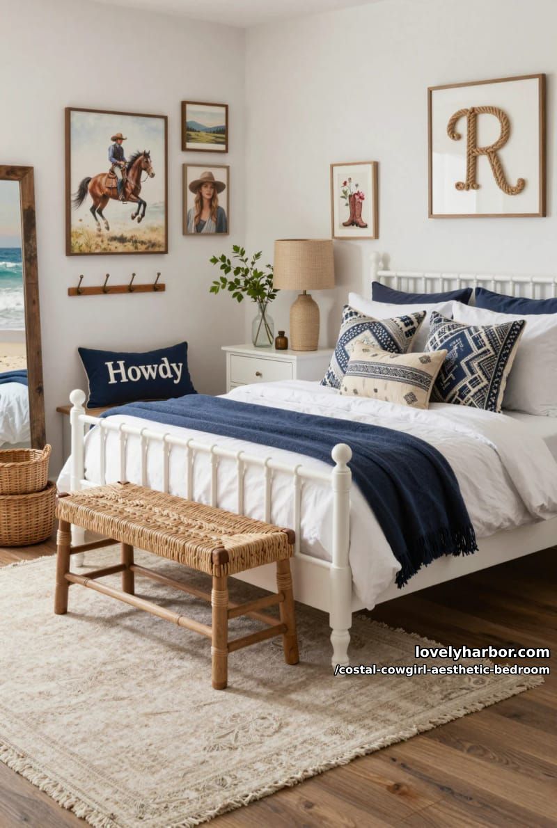 spindle bed with western wall art, rope decor, “howdy” pillow, beach background 1