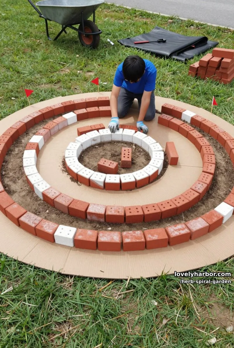 20 Unique Herb Spiral Garden Designs for Modern Yards 17 spiral garden with red and white bricks on cardboard. 1