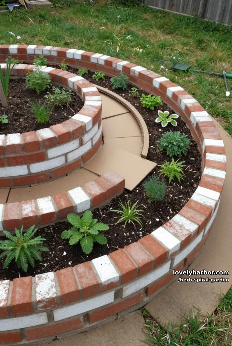 20 Unique Herb Spiral Garden Designs for Modern Yards 18 spiral garden with red and white bricks on cardboard. 1