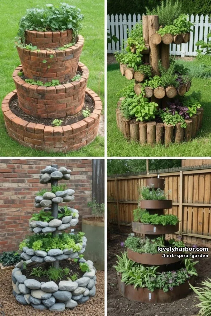 20 Unique Herb Spiral Garden Designs for Modern Yards 20 spiral gardens made of bricks, metal, river rocks, and wooden logs. 1