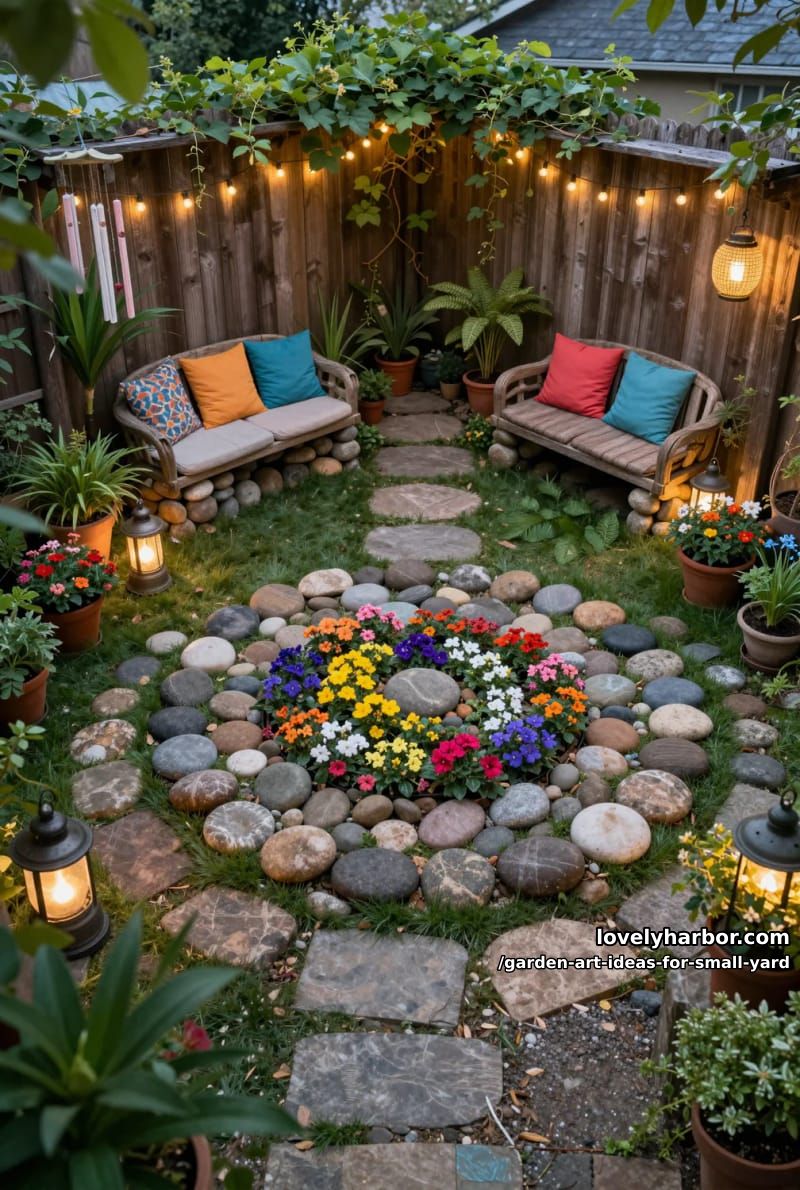 20 Creative Garden Art Ideas to Elevate Small Yards 16 spiral rock and flower pattern centerpiece for a magical effect 1