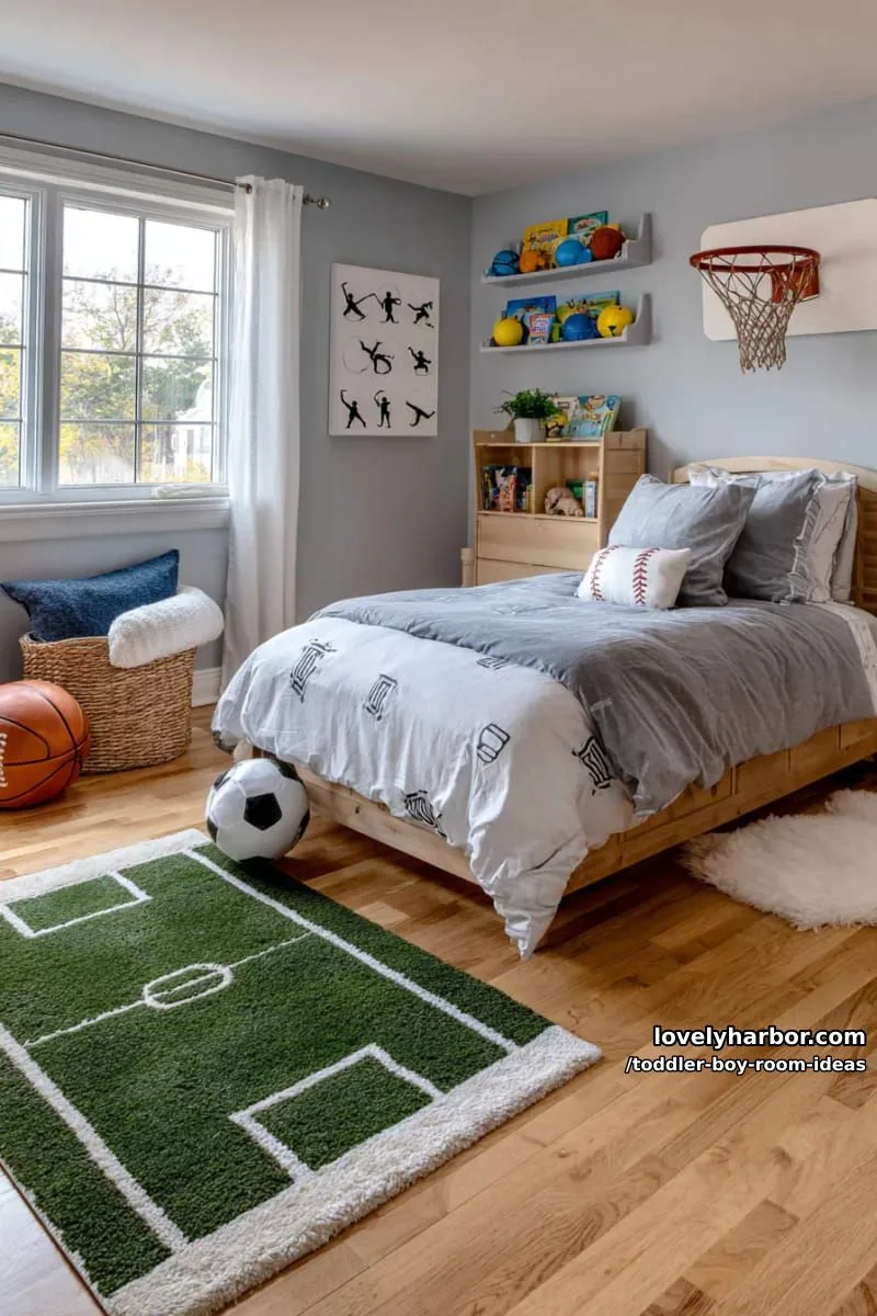 15 Playful Toddler Boy Room Design Ideas for Your Next Makeover 26 sports lover’s retreat with a soccer field rug and basketball hoop hamper. 1