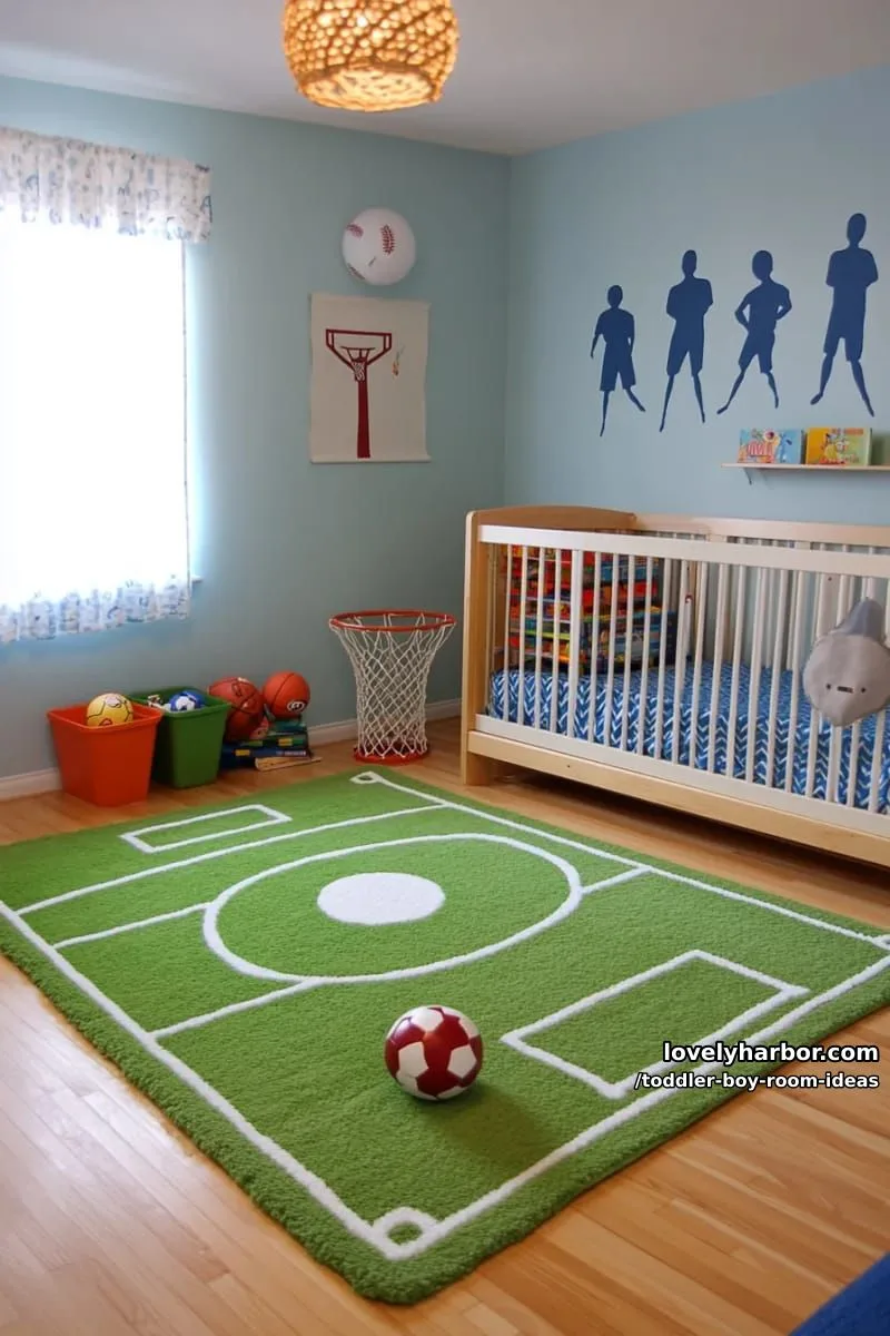 15 Playful Toddler Boy Room Design Ideas for Your Next Makeover 27 sports lover’s retreat with a soccer field rug and basketball hoop hamper. 1
