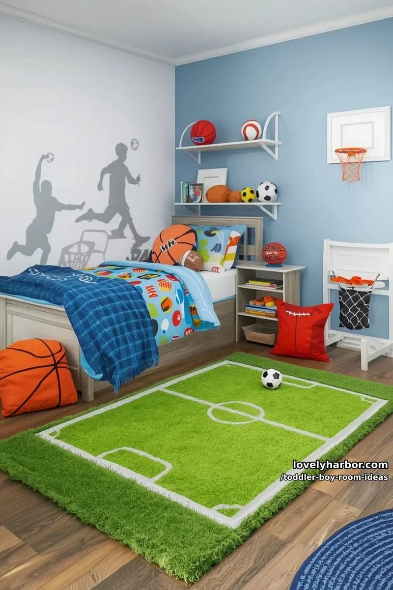 15 Playful Toddler Boy Room Design Ideas for Your Next Makeover 28 sports lover’s retreat with a soccer field rug and basketball hoop hamper. 1