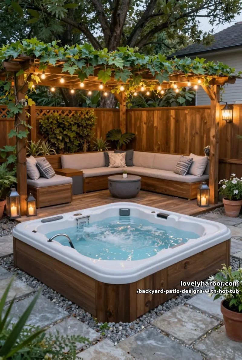20 Dreamy Backyard Patios with Hot Tubs to Inspire 6 square hot tub with wooden planters, privacy fence, pergola, and string lights. 1