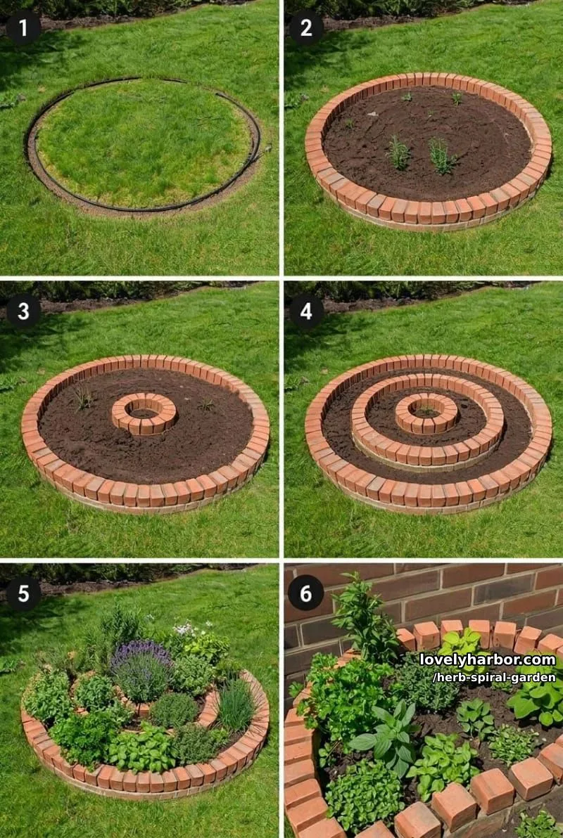 20 Unique Herb Spiral Garden Designs for Modern Yards 16 step-by-step construction of raised brick herb spiral garden. 1