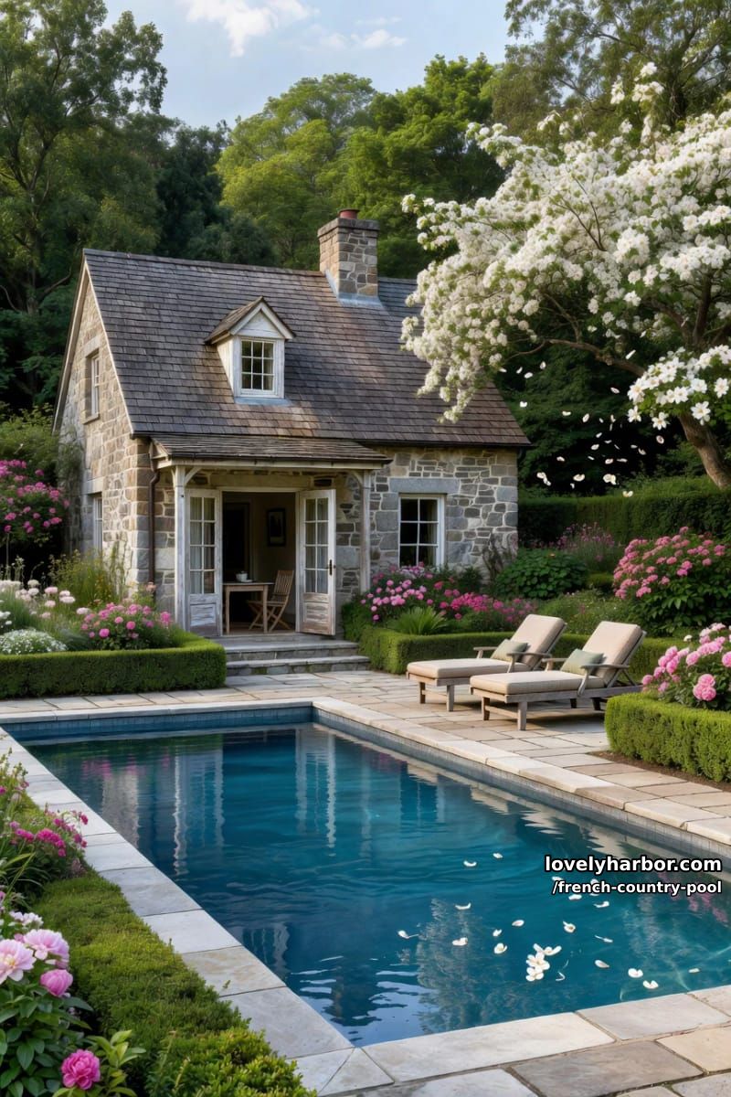 stone cottage beside rectangular pool, surrounded by lush greenery and flowering bushes. 1