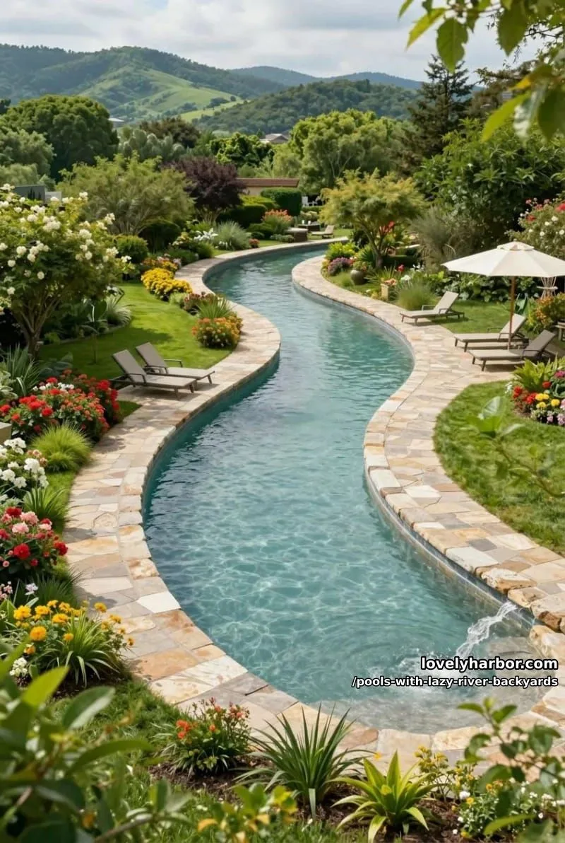 19 Pools with Lazy Rivers for Stunning Backyards 5 stone-edged lazy river pool through lush garden with sunbathing areas. 1