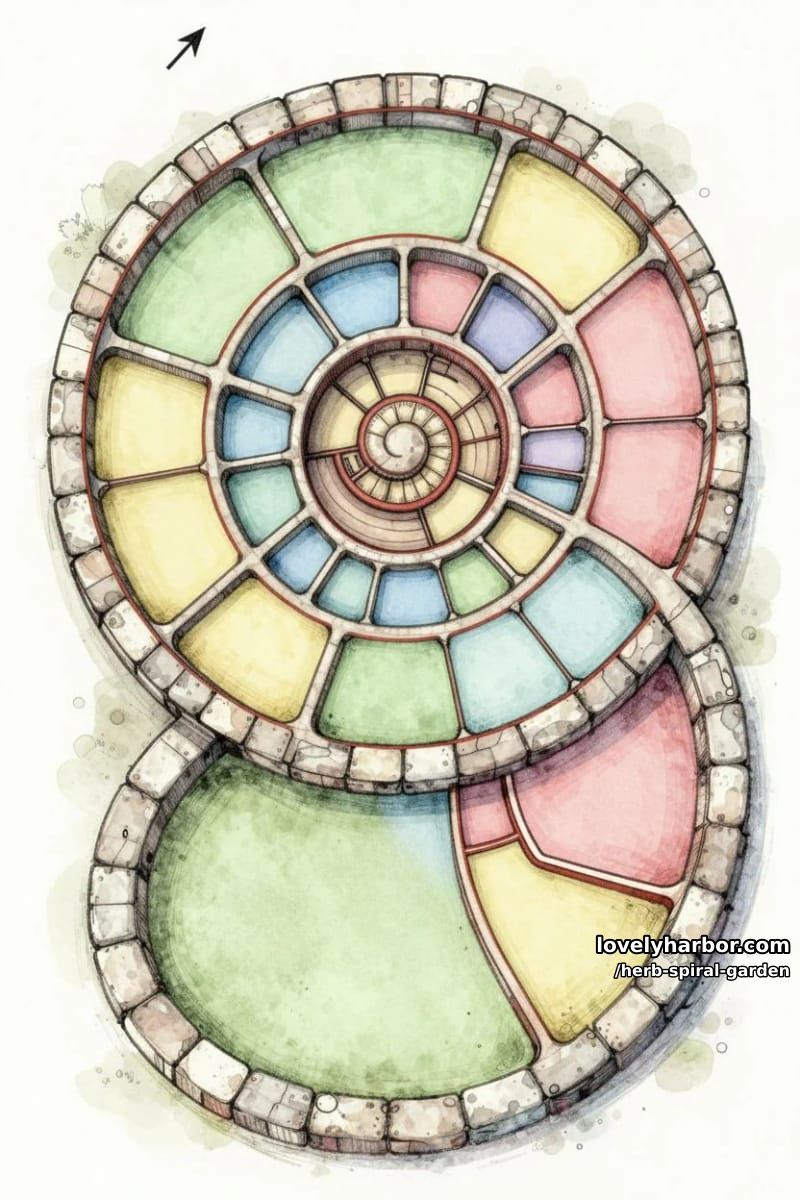stone nautilus spiral herb garden with herb clusters. 1