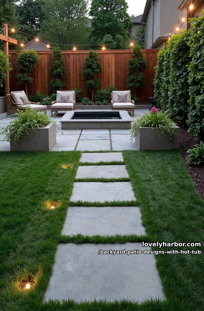 20 Dreamy Backyard Patios with Hot Tubs to Inspire 9 stone pathway with ground lights leading to square hot tub and planters. 1