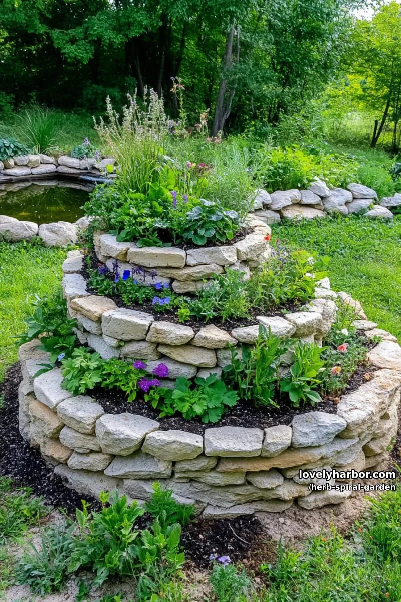 20 Unique Herb Spiral Garden Designs for Modern Yards 6 stone spiral herb garden beside a pond in a lush backyard. 1