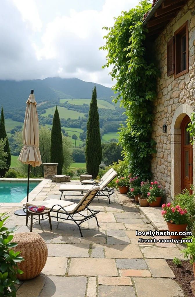 stone villa with tiled roof, flagstone patio, metal loungers, and countryside views. 1