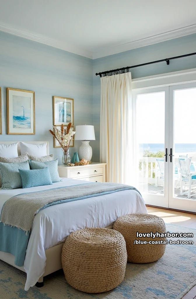 striped wallpaper coastal bedroom with rattan ottomans and beach artwork. 1