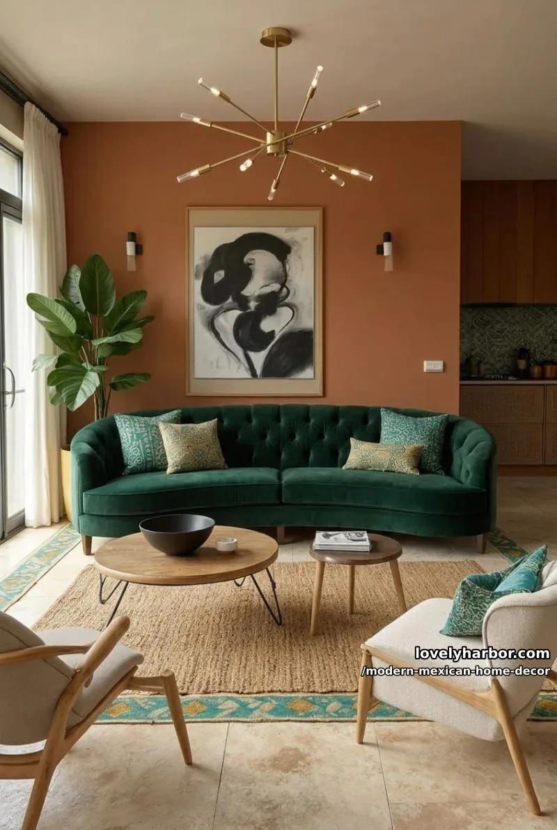 18 Modern Mexican Decor for a Stylish Home 17 stylish living room with green curved sofa, terracotta walls, and gold chandelier. 1