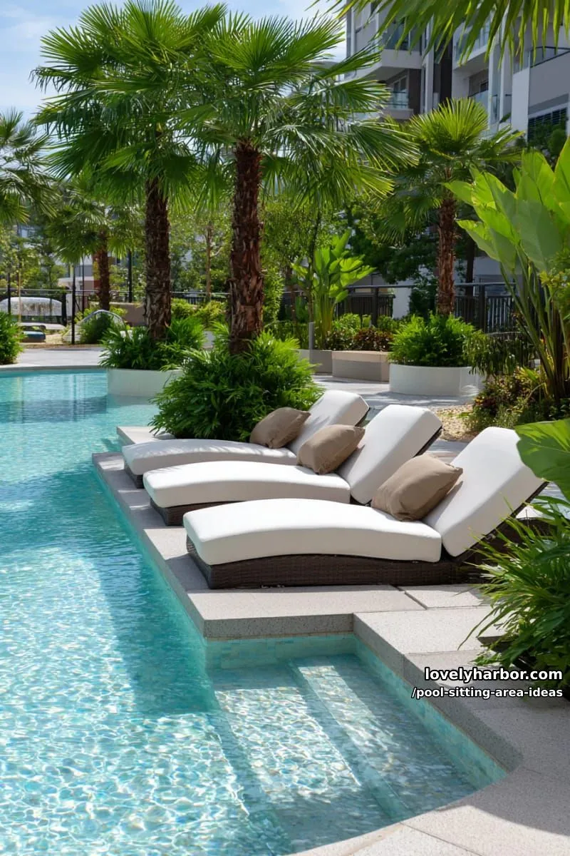 sun shelf with three white lounge chairs, beige cushions, and tropical plants. 1